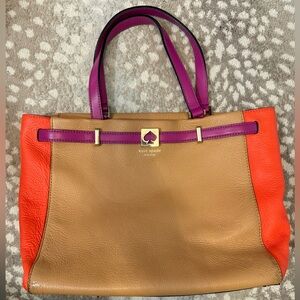 Kate Spade Tan and Orange Purse with Purple Accents and Metal Emblem